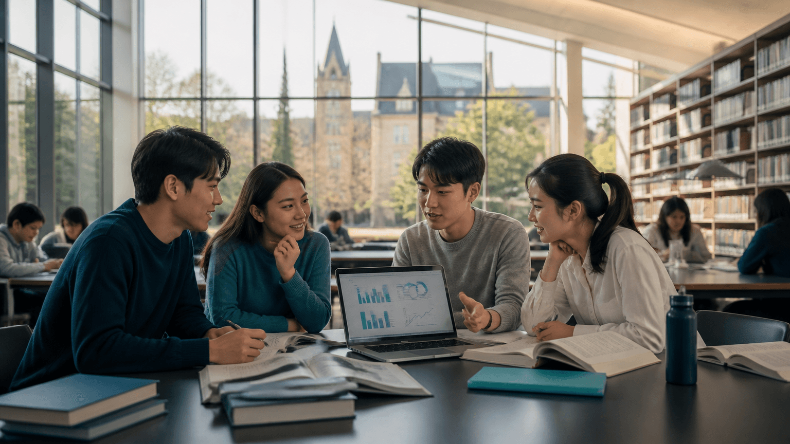 学生在大学图书馆共同规划留学申请